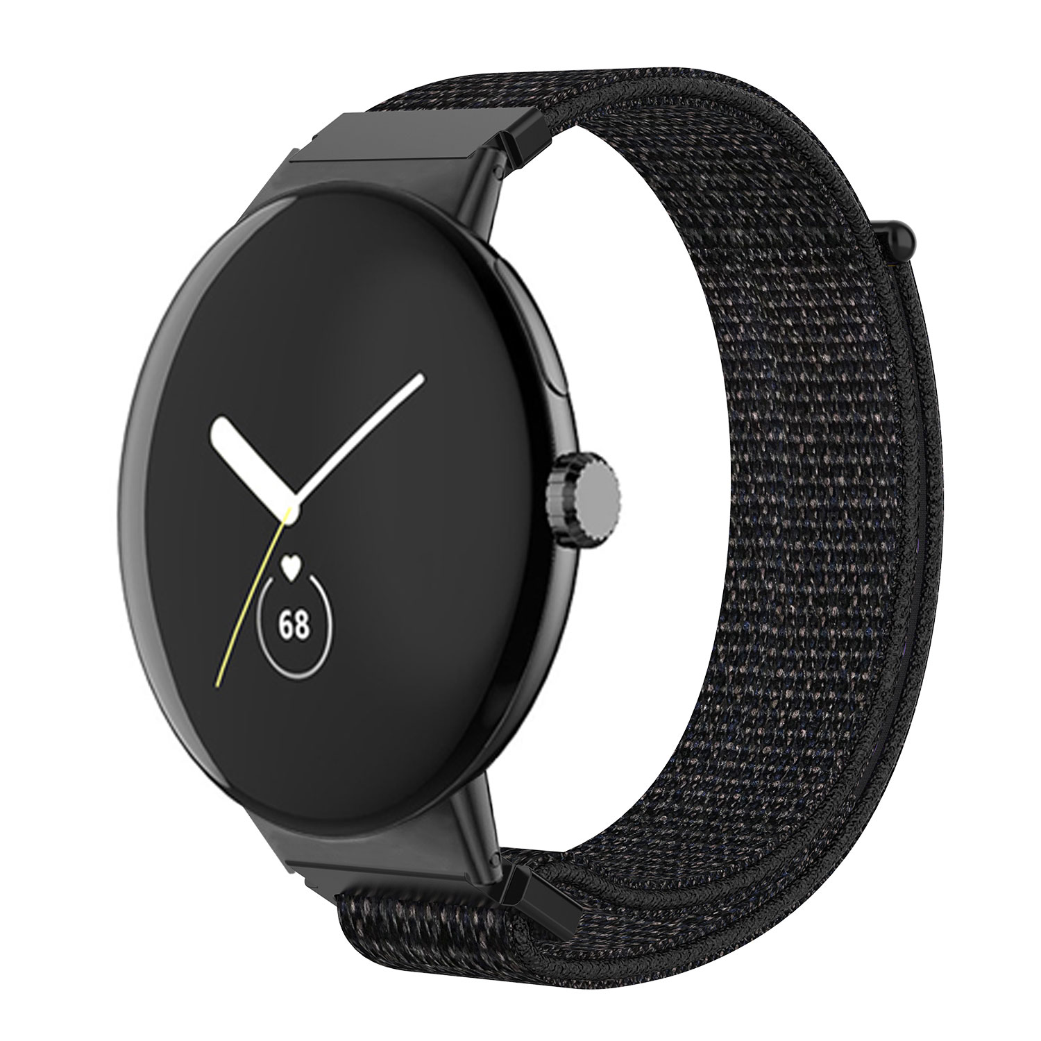 Schwarze Smartwatch mit schwarzem und grauem Stoffarmband.