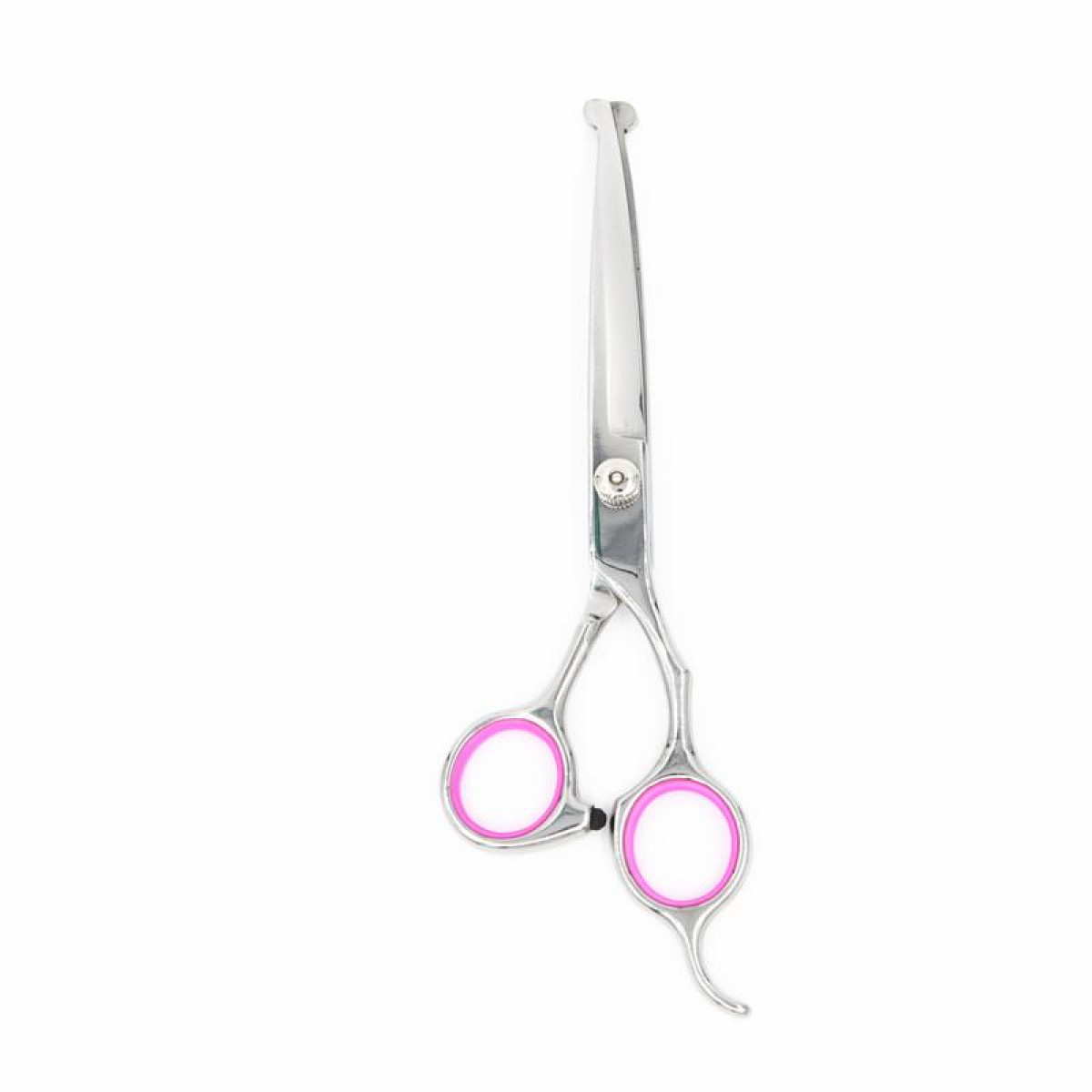 Silver scissors with pink finger holes. The scissors are on a white background.