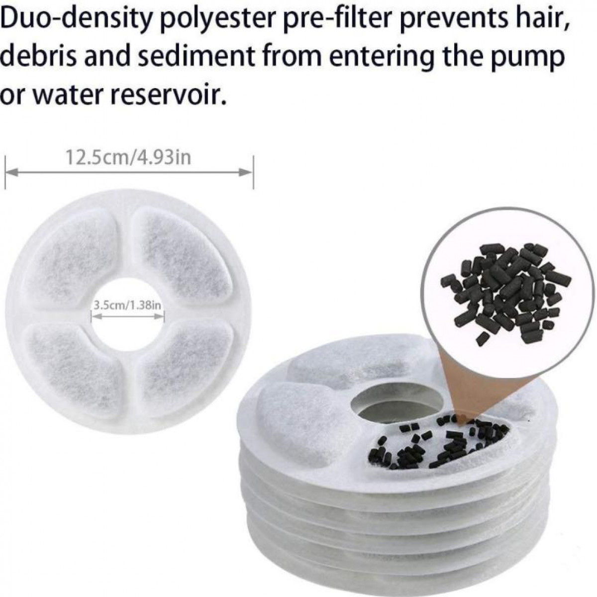White filter with black pellets. The filter is in a housing with measurements and text.