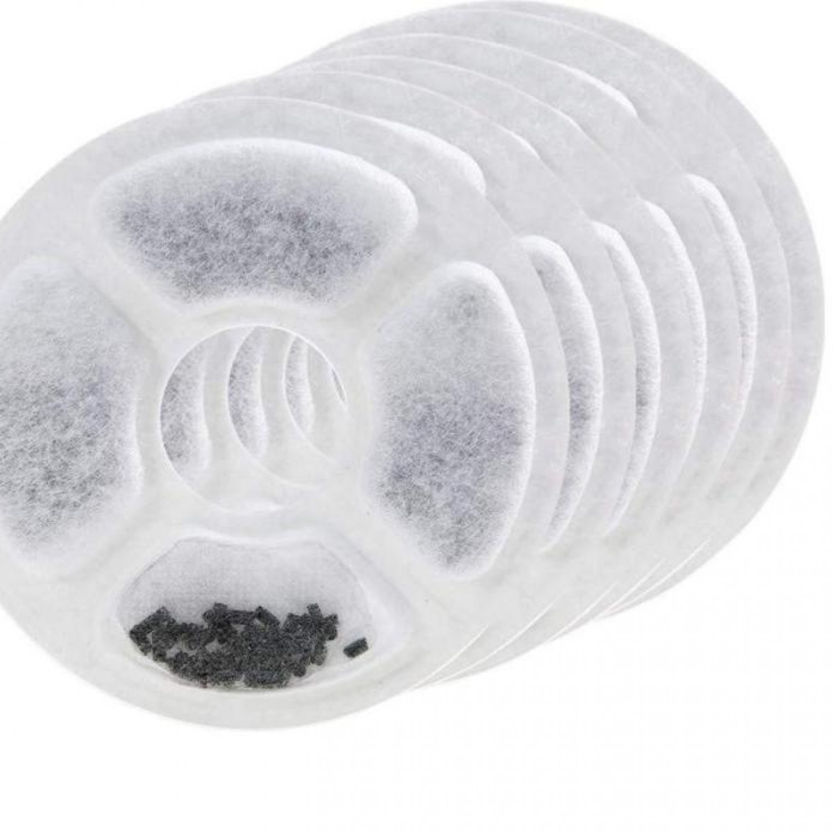 A stack of white filters with dark grey charcoal inserts. They are arranged in a fan shape.