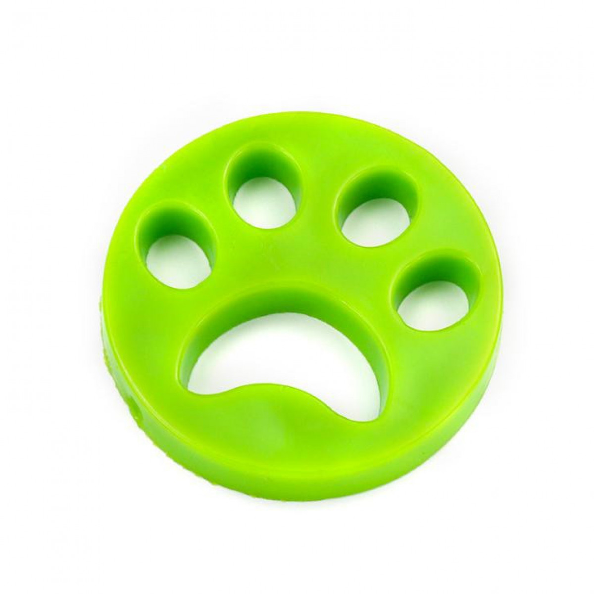 Removedor de pelo de mascotas con forma de pata verde, con múltiples agujeros sobre fondo blanco.