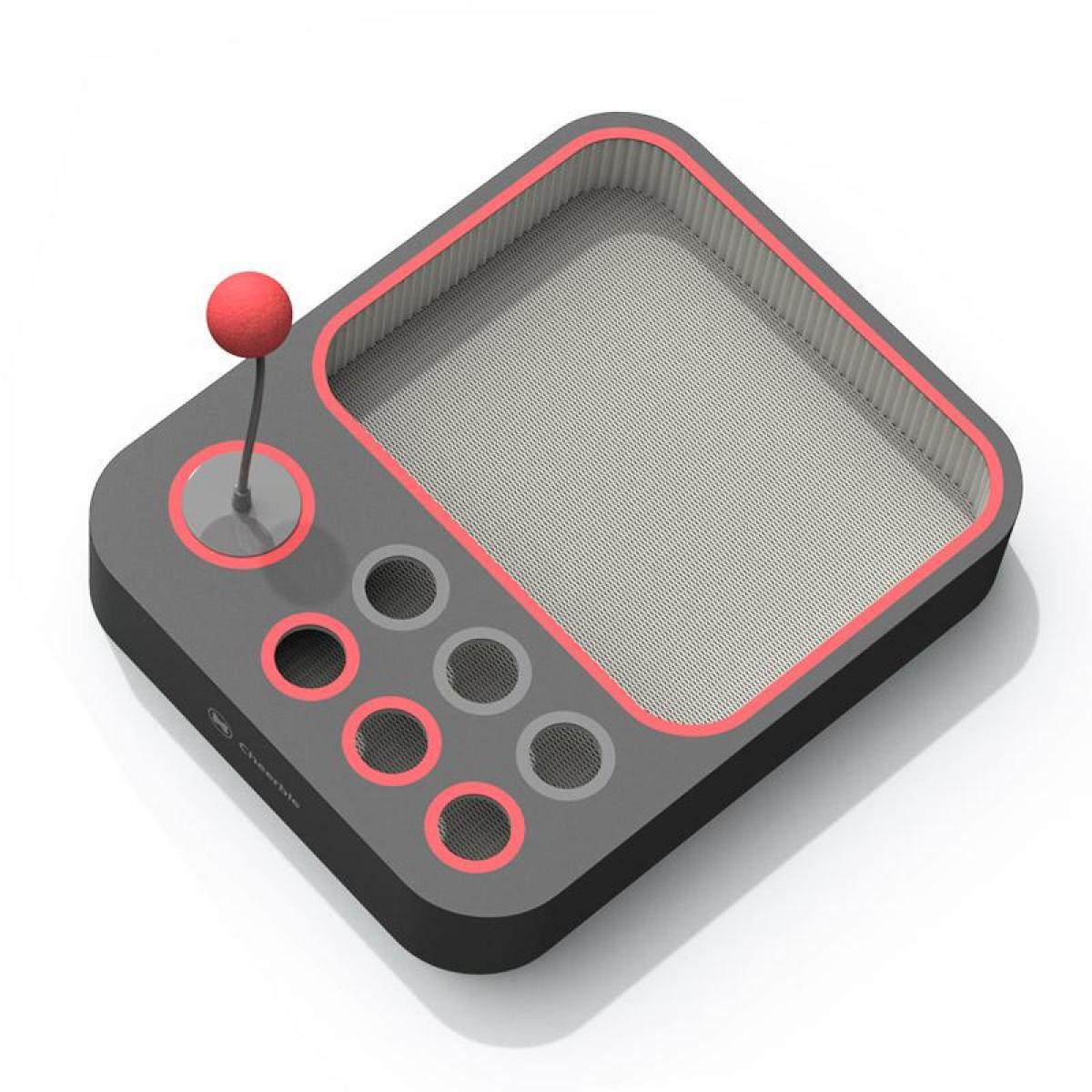 Graue, rot umrandete Spielkonsole mit Joystick und Knöpfen, weißer Hintergrund, Draufsicht.