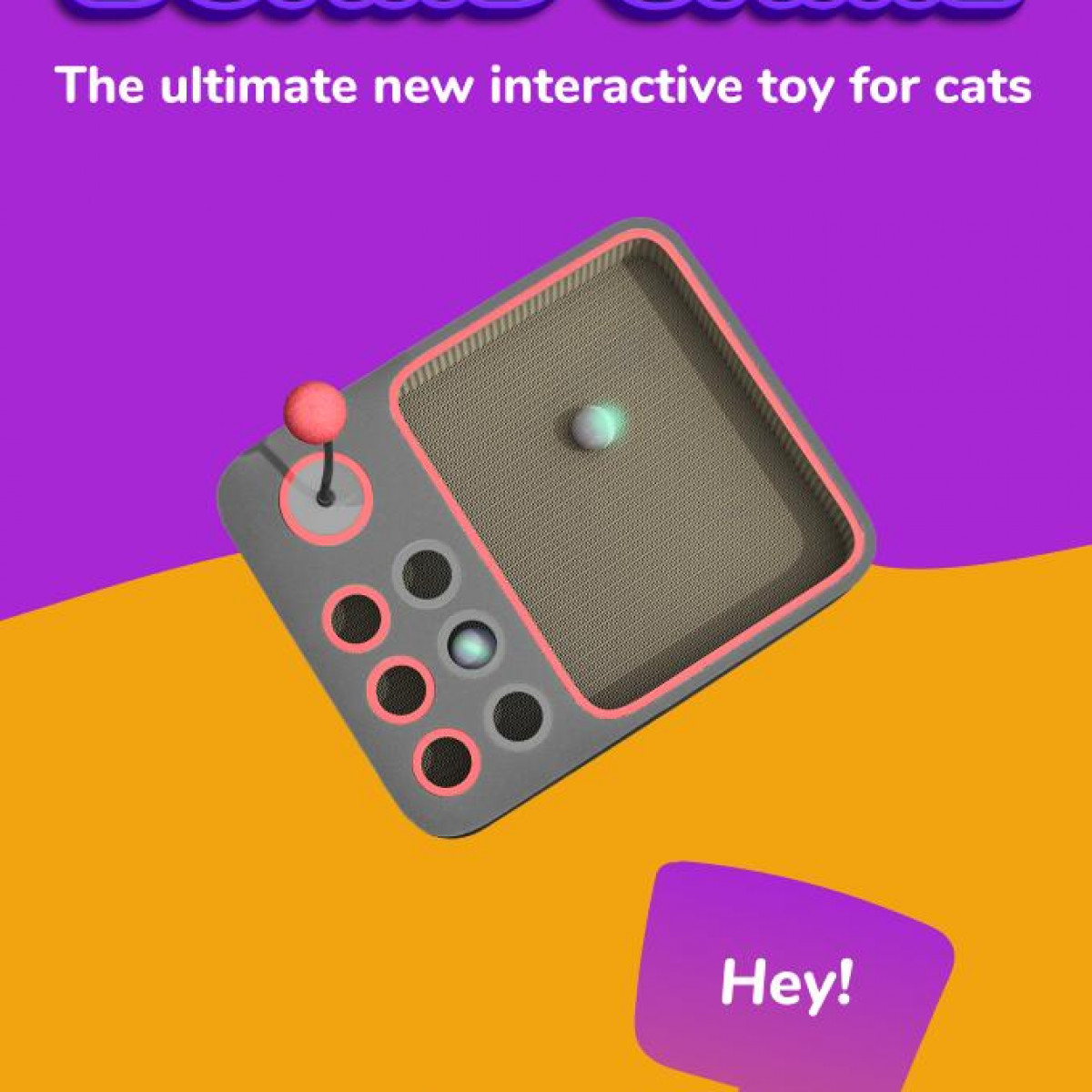 Interaktives Katzenspielzeug mit Joystick, Knöpfen und Kratzfläche, lila Hintergrund.