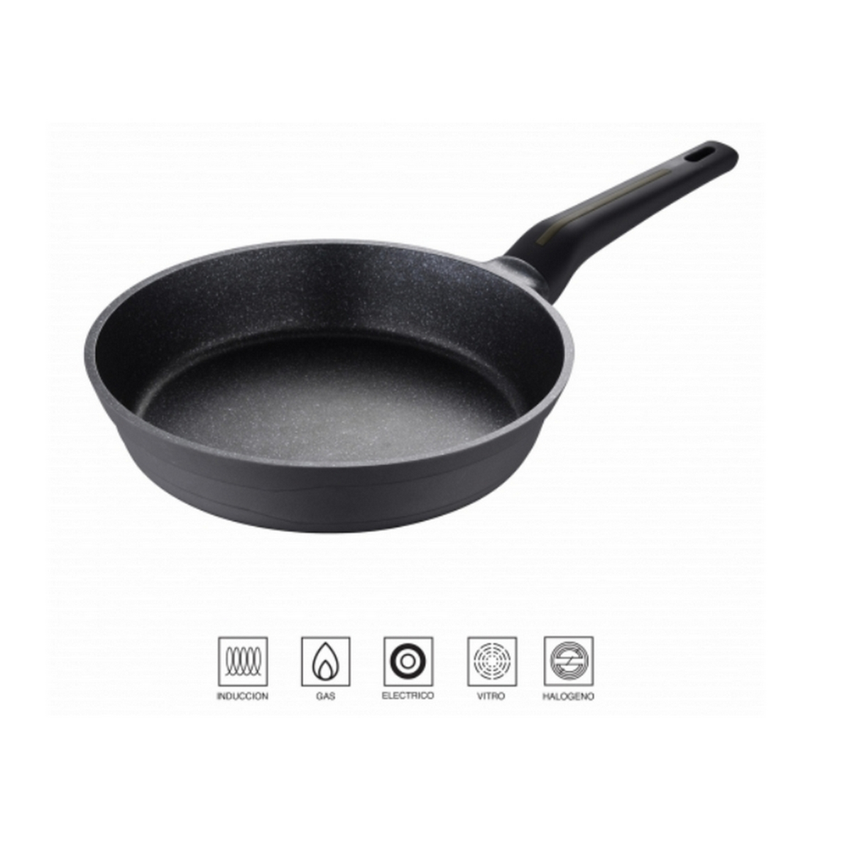 Sartén antiadherente, negra con mango negro. Símbolos indican el uso.