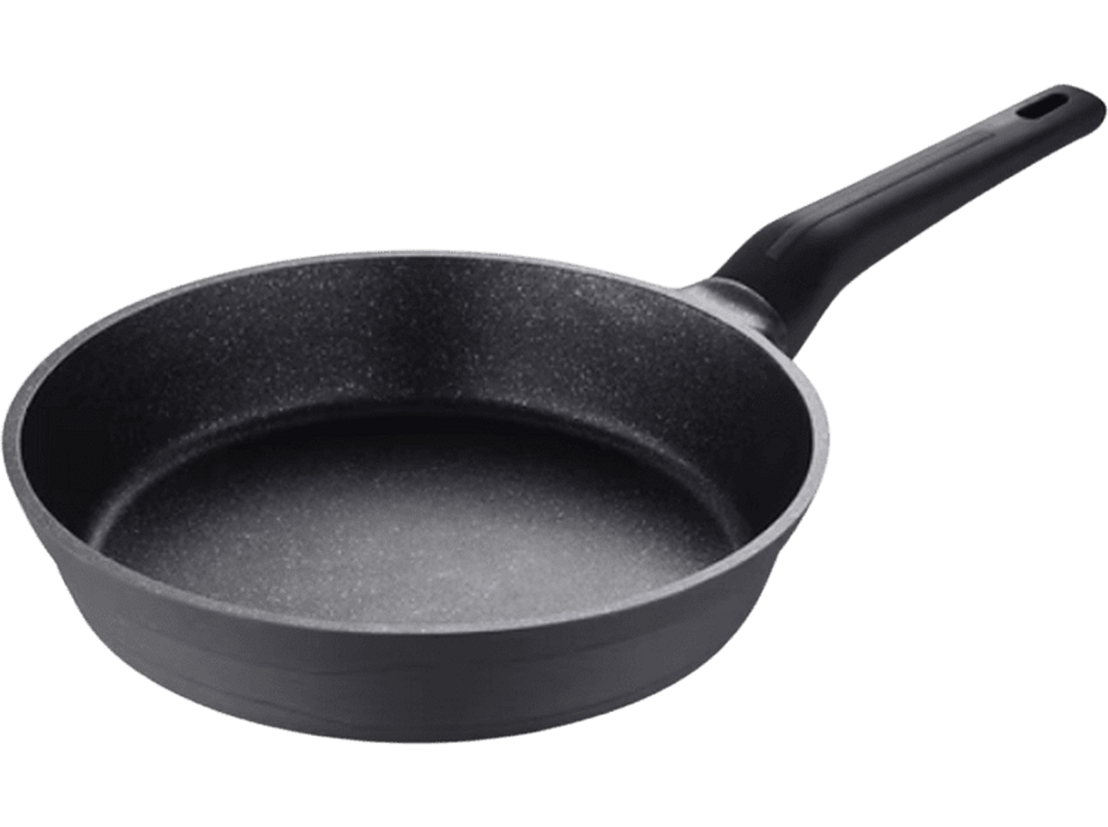 Una sartén negra con mango negro, sobre un fondo negro.