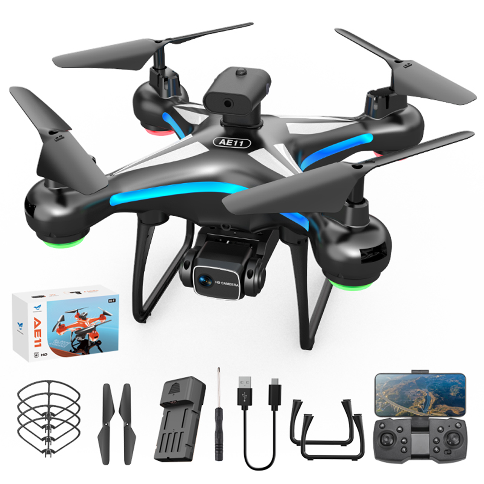 Un dron negro y plateado con una cámara, hélices y un control remoto con accesorios sobre una superficie blanca.