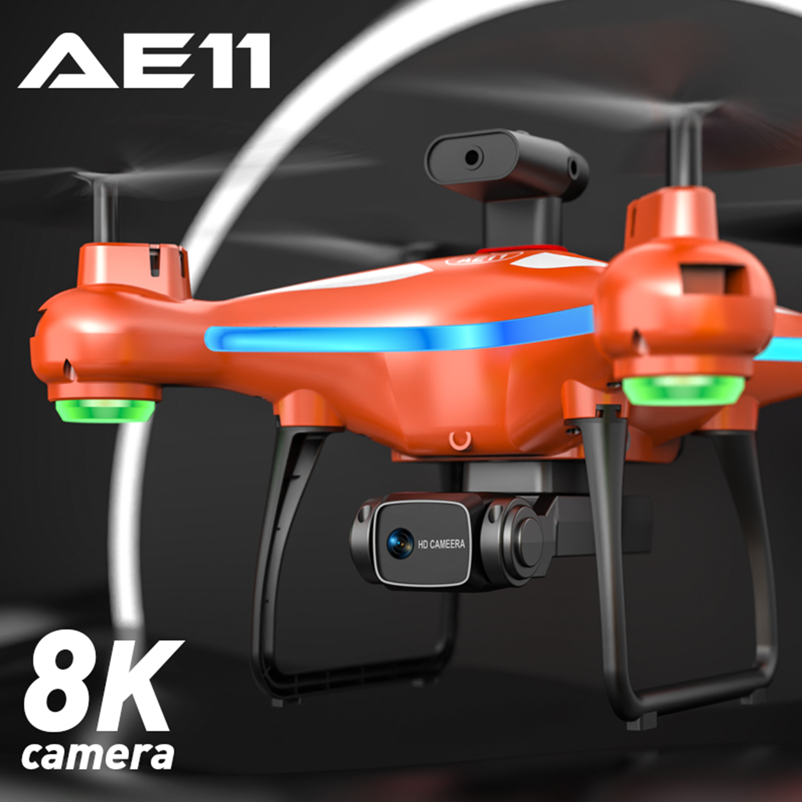 Dron naranja con brazos negros, una cámara y el texto '8K cámara'.
