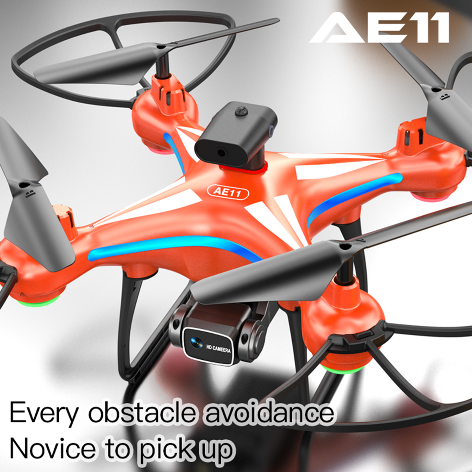 Un dron naranja con hélices negras y texto que dice que se evita cada obstáculo.