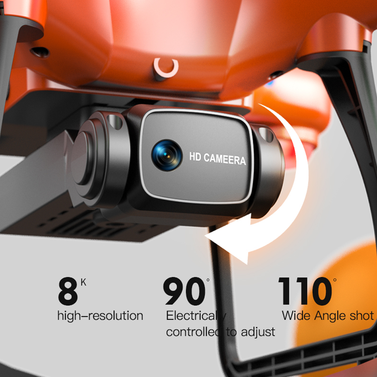 Un dron con detalles en naranja, que muestra la cámara y las especificaciones. Tiene una cámara HD y ofrece tomas de gran angular.