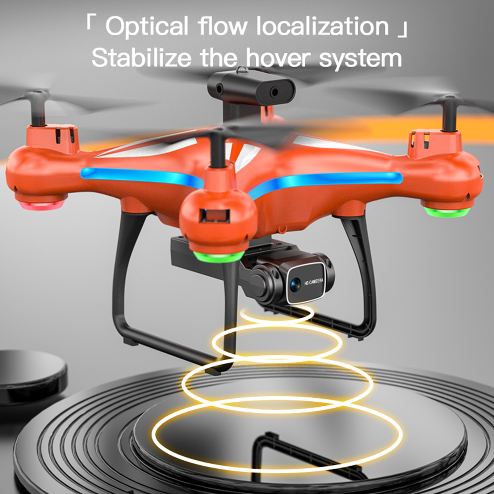 Un dron naranja con una cámara y texto. El dron flota sobre una superficie con círculos amarillos.