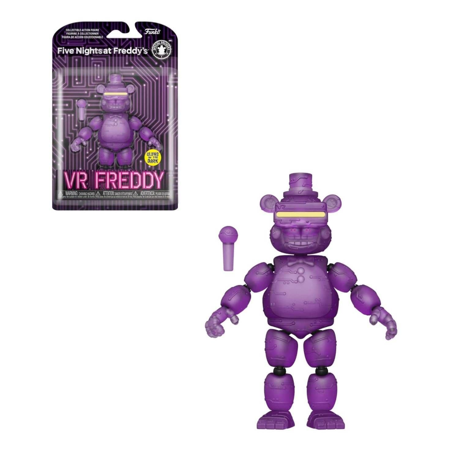 Eine lila VR Freddy Figur mit Mikrofon und Verpackung.