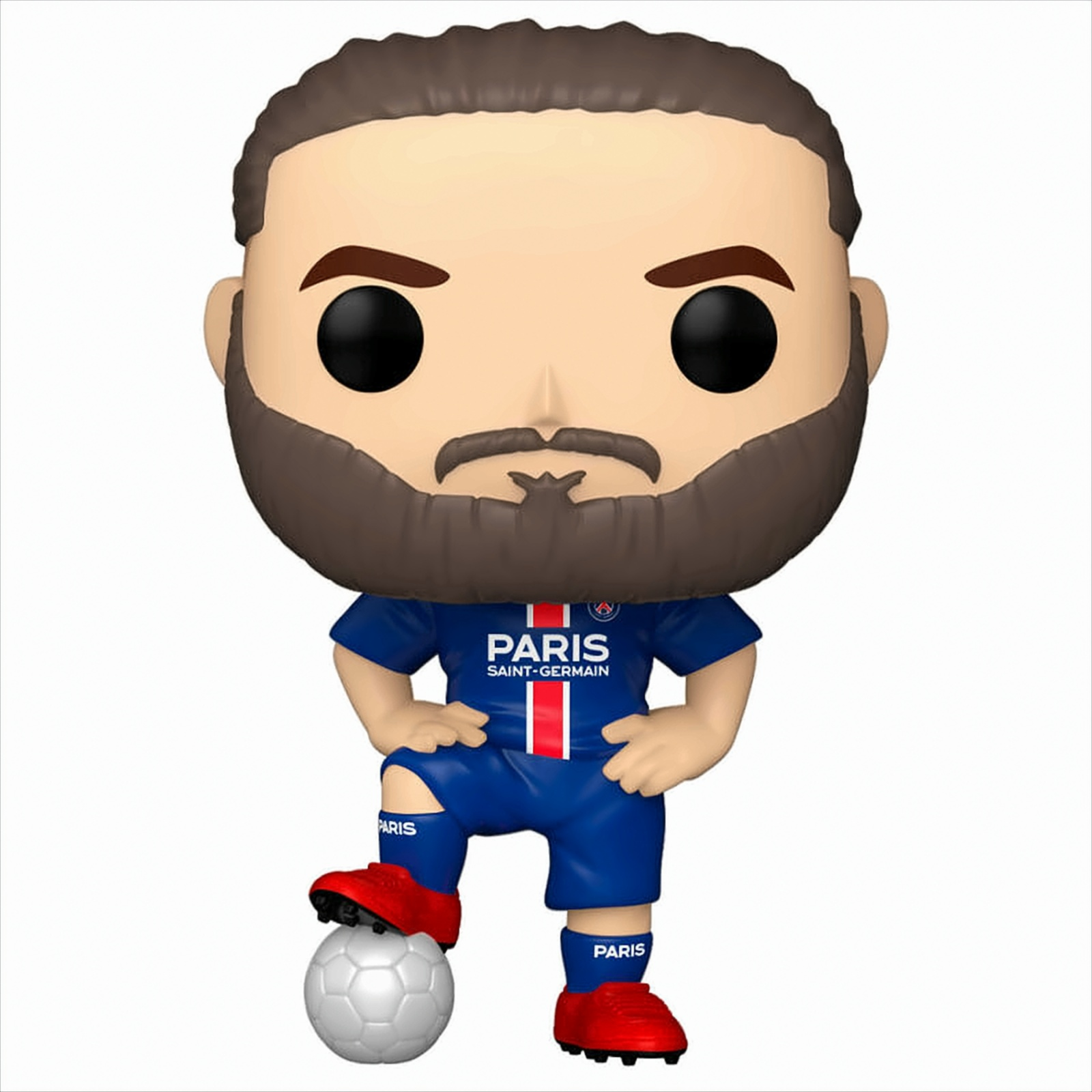 Funko Pop Figur eines Fußballspielers in Blau. Weißer Hintergrund. Tritt einen Ball.