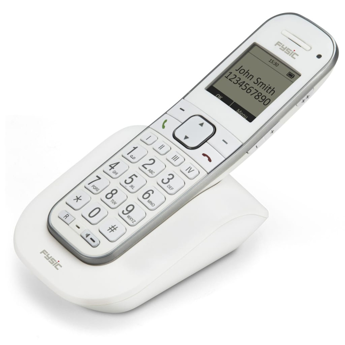 Weißes schnurloses Telefon mit Display, das Namen und Nummer anzeigt, auf seiner Ladestation.