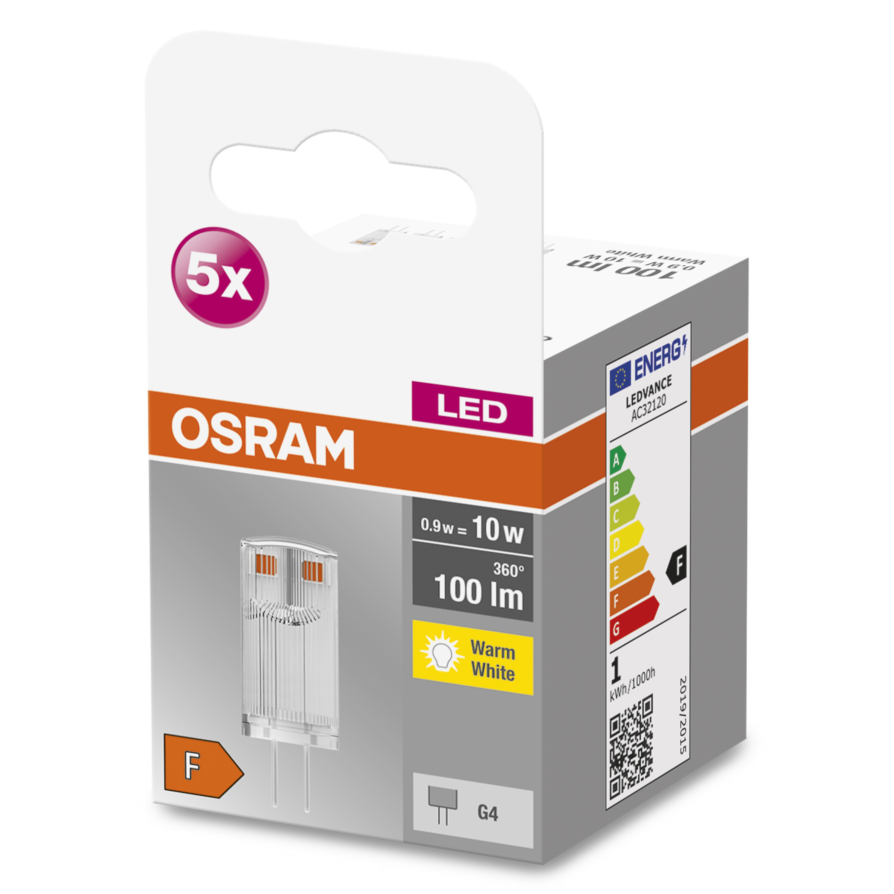 Scatola di lampadine LED OSRAM con etichetta di efficienza energetica e dettagli del prodotto.