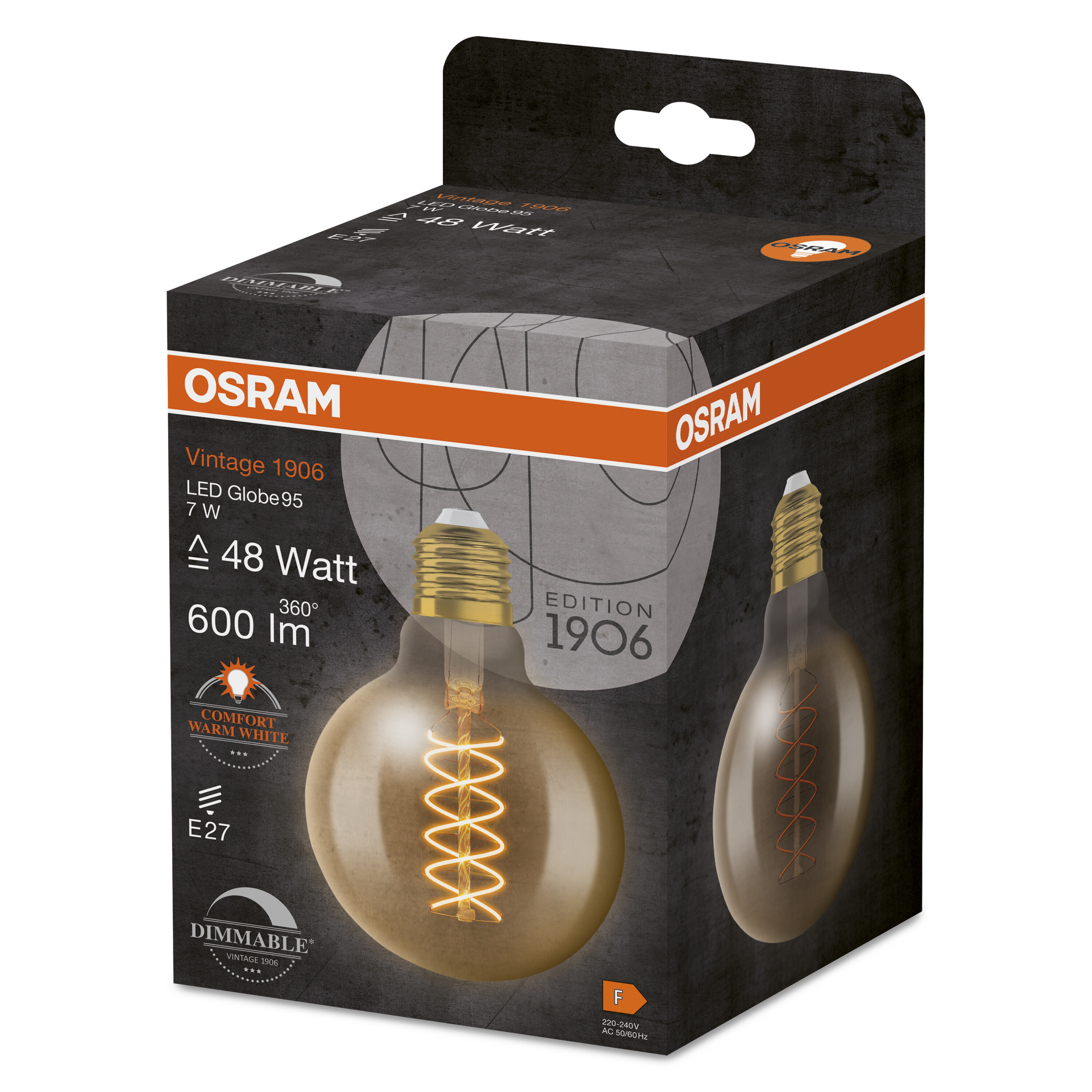 Une boîte d'ampoule Osram avec un design vintage. La boîte montre l'ampoule, ses spécifications et la marque.