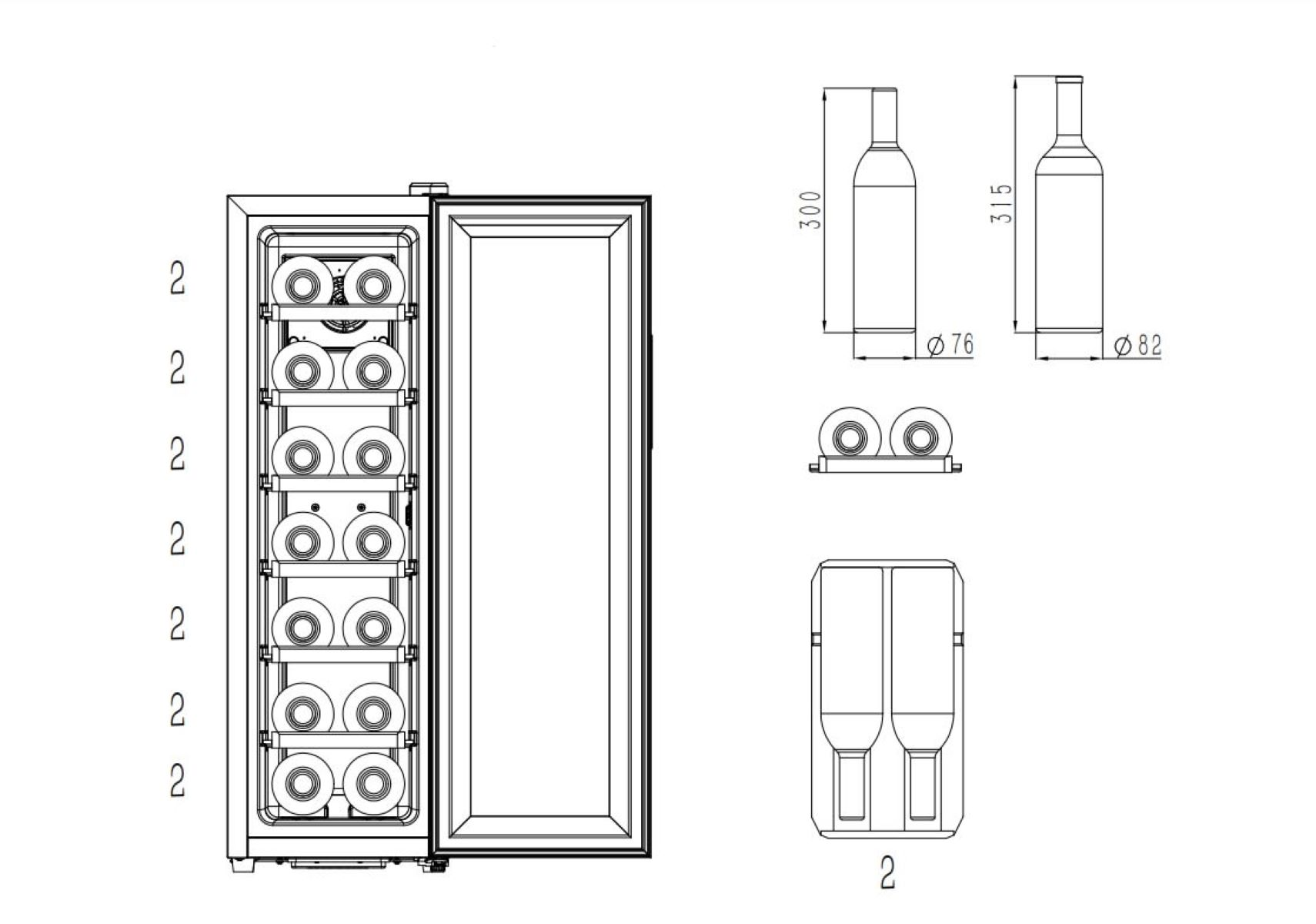 Diagramm eines Weinkühlschranks mit Abmessungen und Flaschenumrissen. Zeigt Regalaufbau und Flaschendetails.