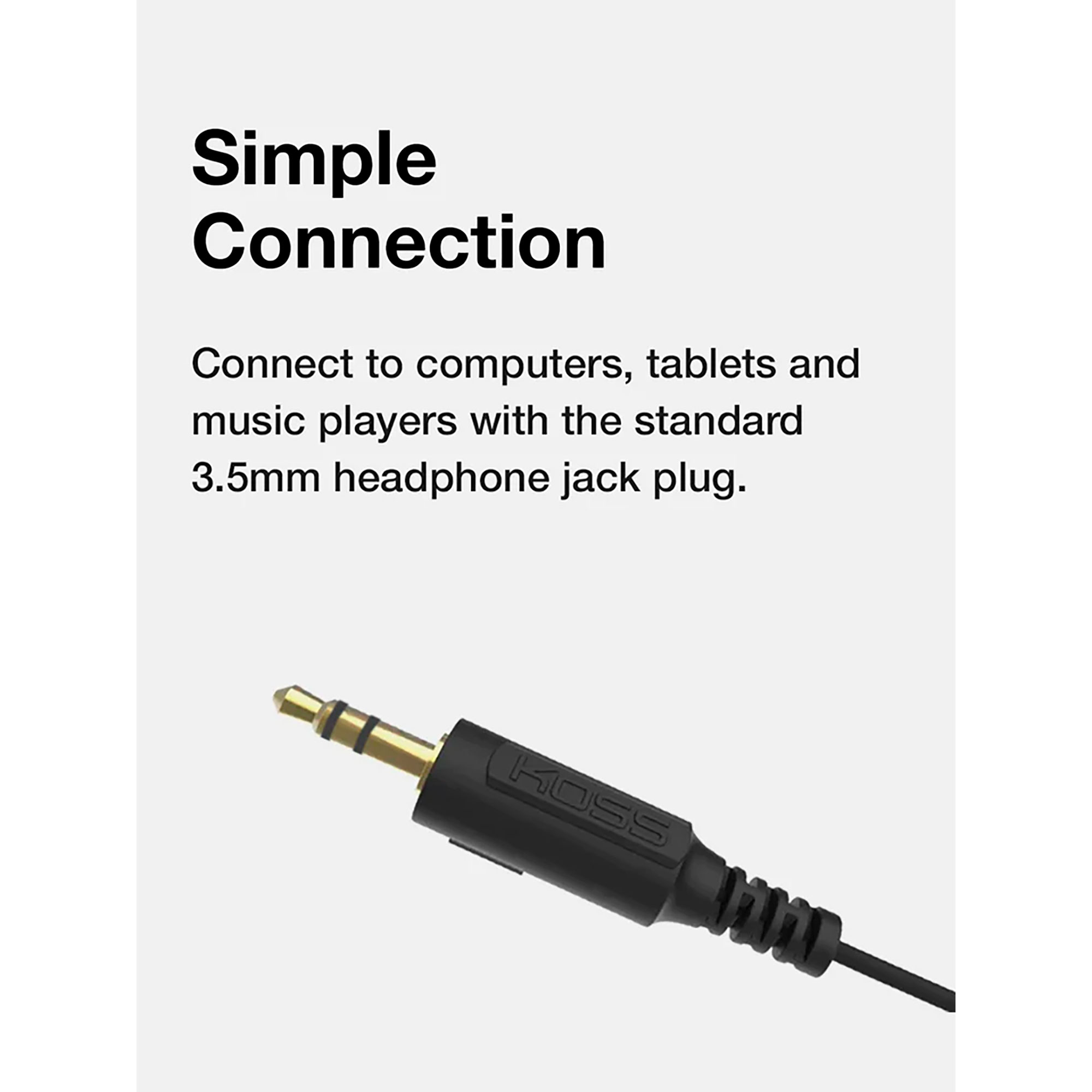 Wtyczka słuchawkowa 3,5 mm, z tekstem: "Proste połączenie", białe tło.