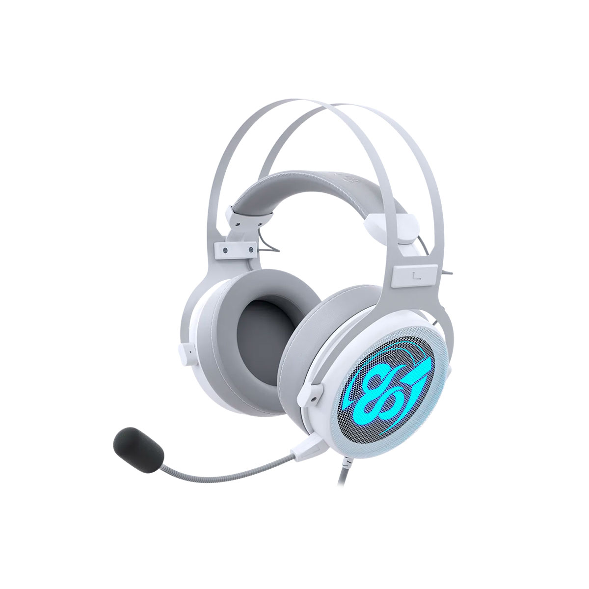 Cuffie da gioco bianche e grigie con microfono. I padiglioni hanno un design blu illuminato.