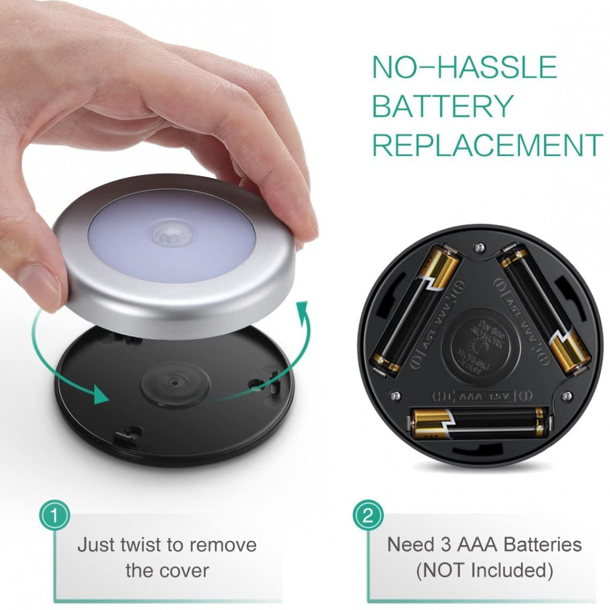 Eine Hand, die ein rundes, silbernes und schwarzes batteriebetriebenes Licht öffnet. Drei AAA-Batterien sind abgebildet.