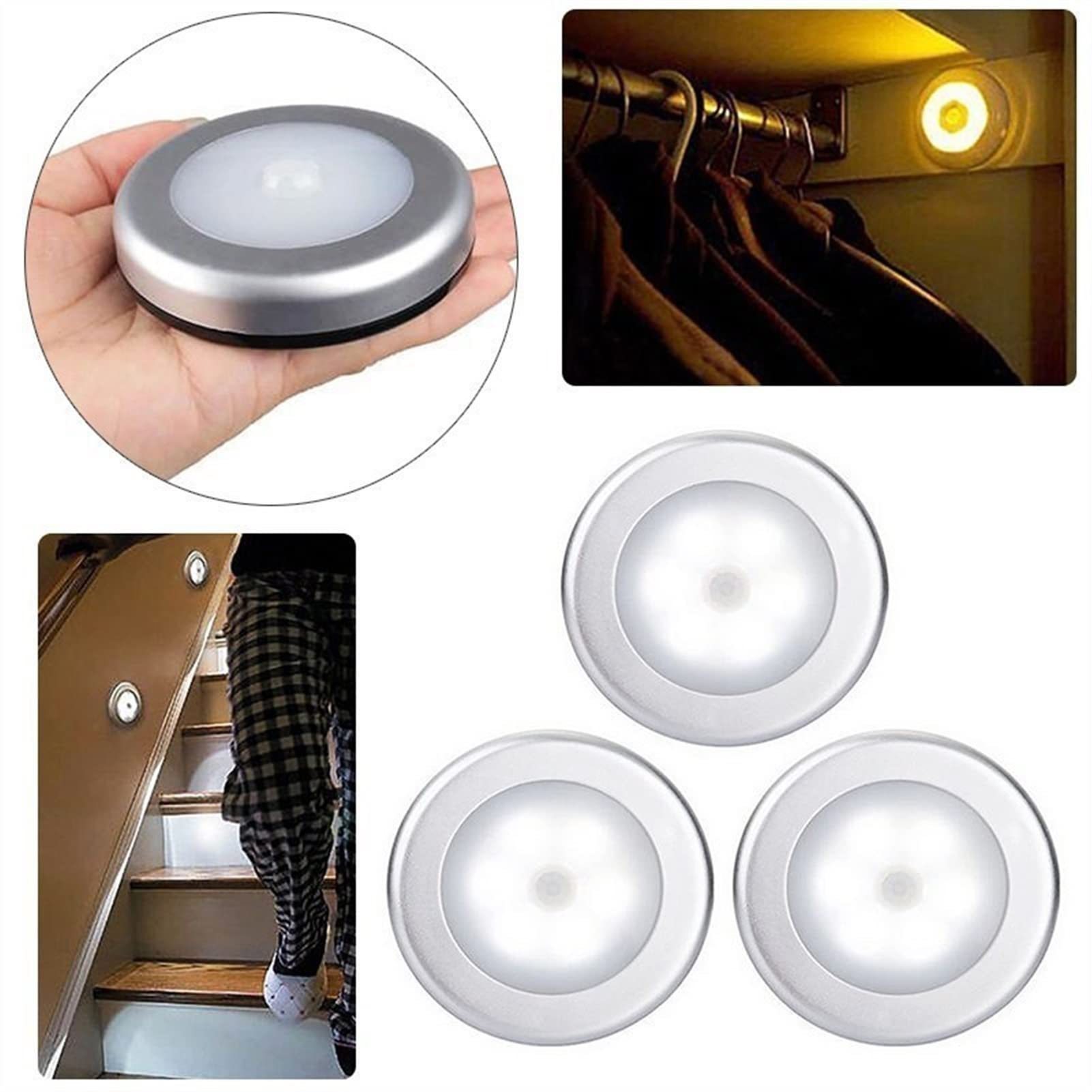 Mehrere Bilder von runden LED-Leuchten in verschiedenen Kontexten; Hand, Treppe und in einem Schrank.