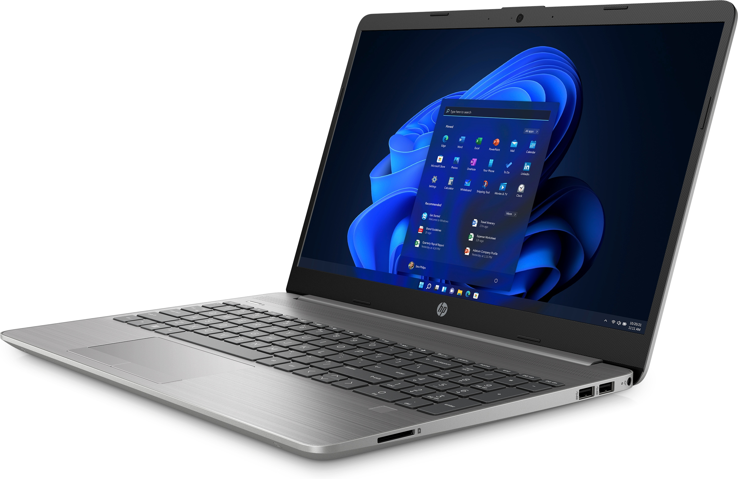 Portátil HP plateado abierto, Windows 11. Vista angular. Teclado y pantalla visibles.