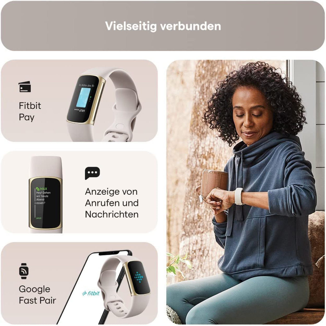 Frau mit Uhr benutzt Telefon, zeigt Details von Fitbit Pay und Nachrichten.