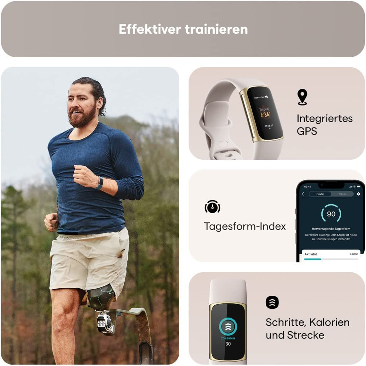 Mann beim Laufen, Fitness-Tracker tragend. Infografiken zeigen Uhr, Fitnessdaten.