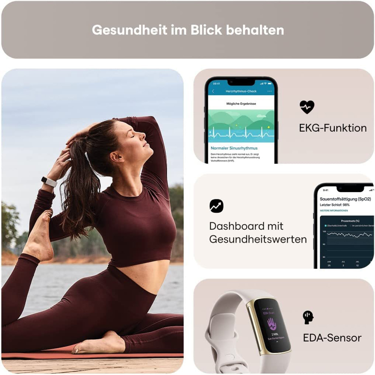 Frau macht Yoga, Dashboard mit Gesundheitsdaten, Smartwatch und EKG-Bildschirm.