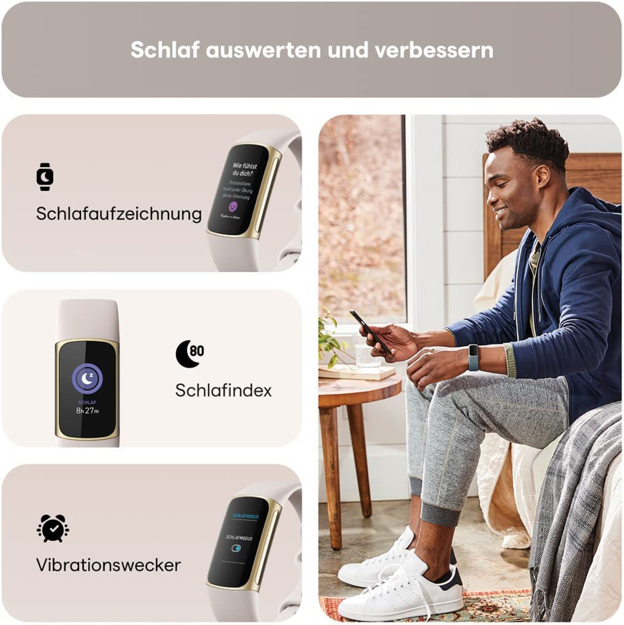 Bild zeigt einen Mann, der eine Smartwatch mit Schlaftracking nutzt.