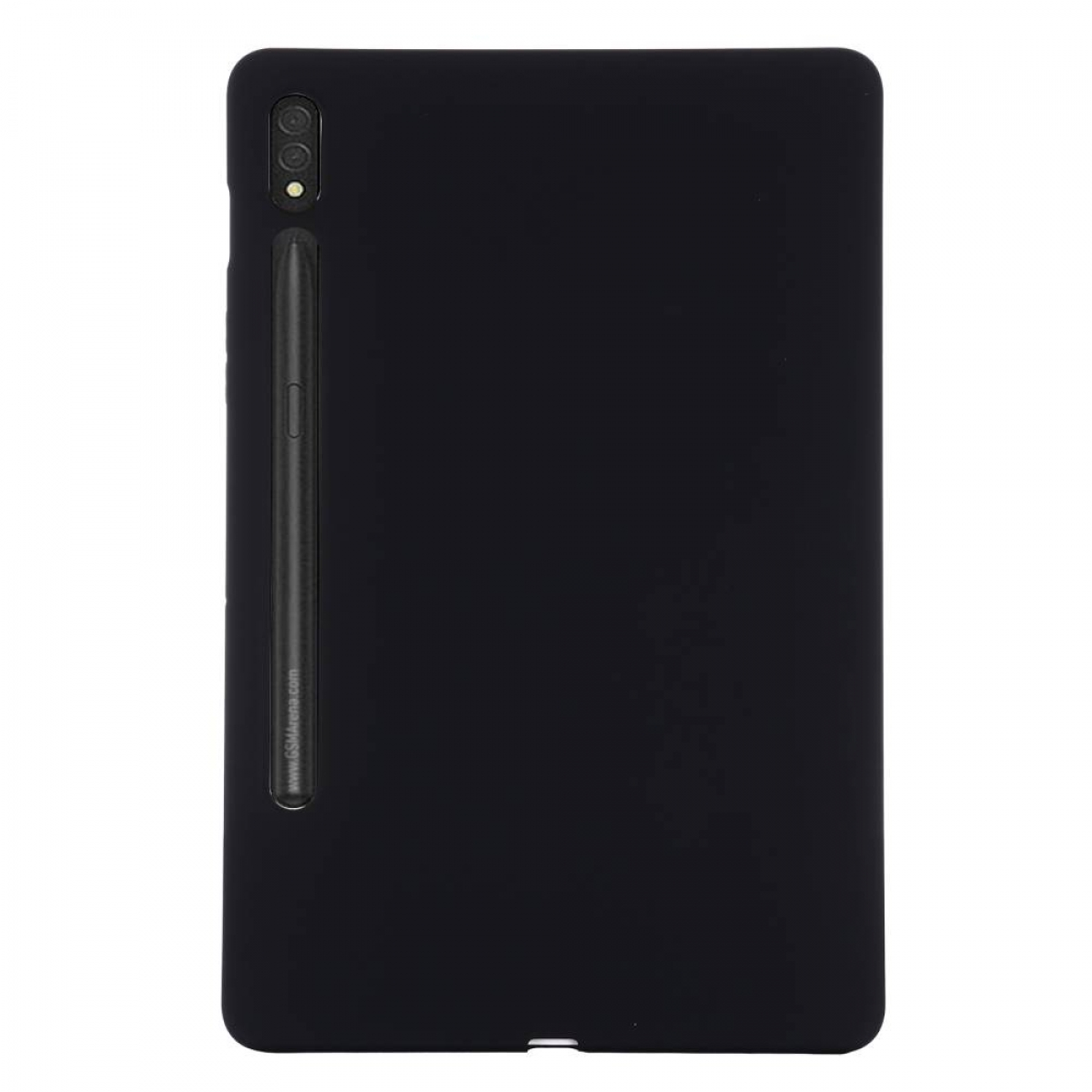 Schwarzes Tablet in Schutzhülle mit Stift. Weißer Hintergrund. Sauberes Aussehen.