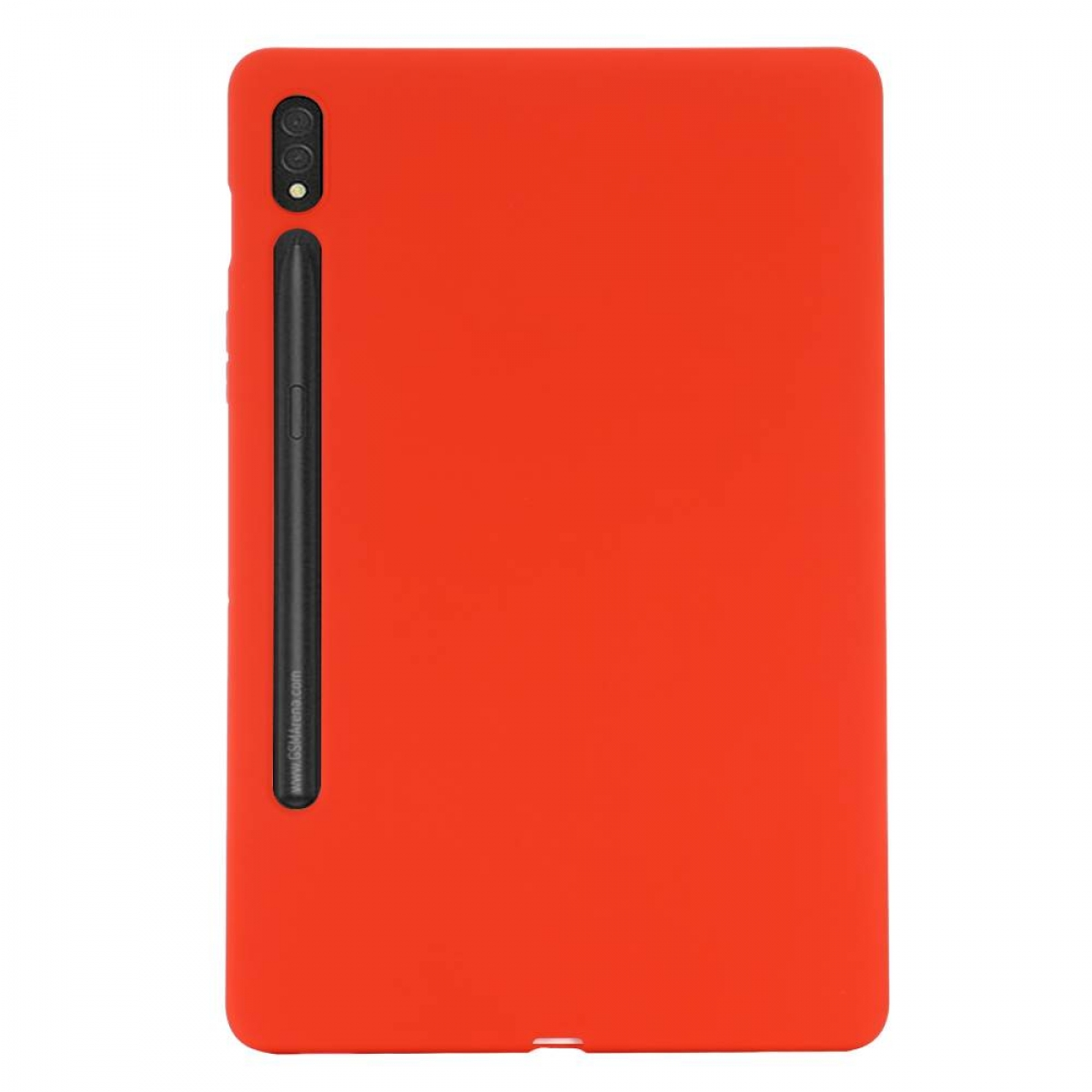 Rote Tablet-Hülle mit schwarzem Stift und Logo.