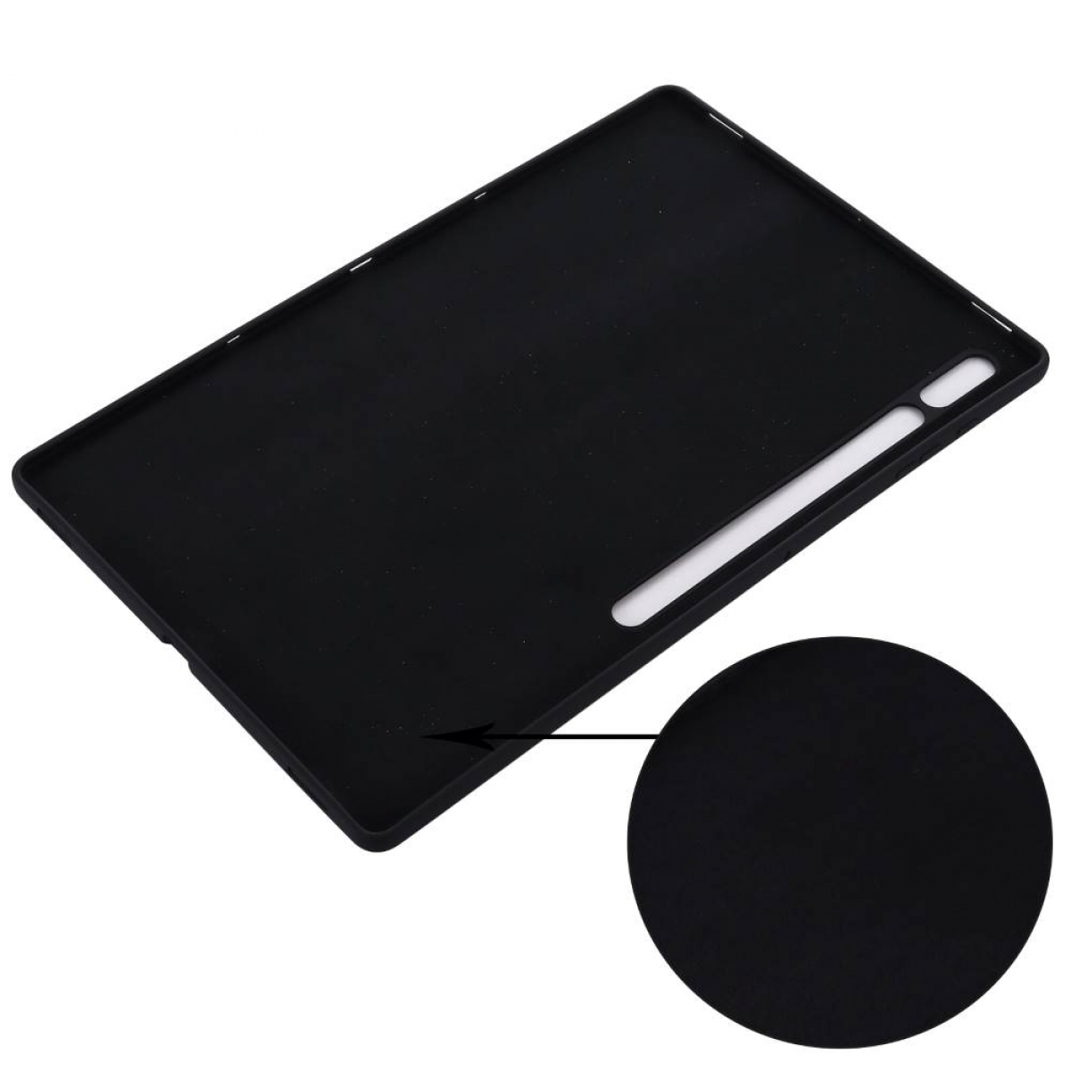Schwarze Tablet-Hülle mit Aussparung für den Stift. Schwarzer Hintergrund mit Nahaufnahme der Textur.