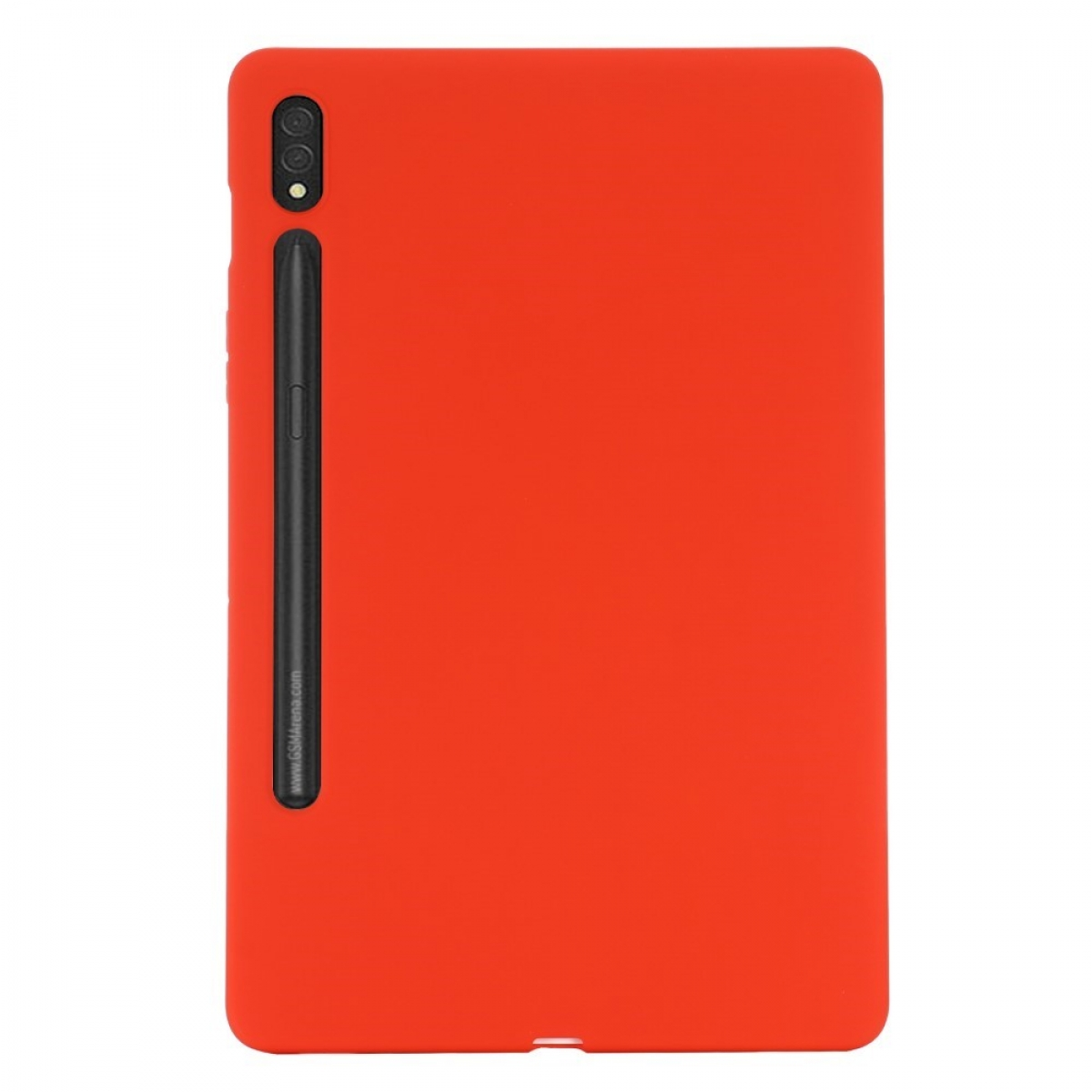 Eine rote Tablet-Hülle mit schwarzem Stift. Das Tablet ist rot und hat einen Stiftschlitz.