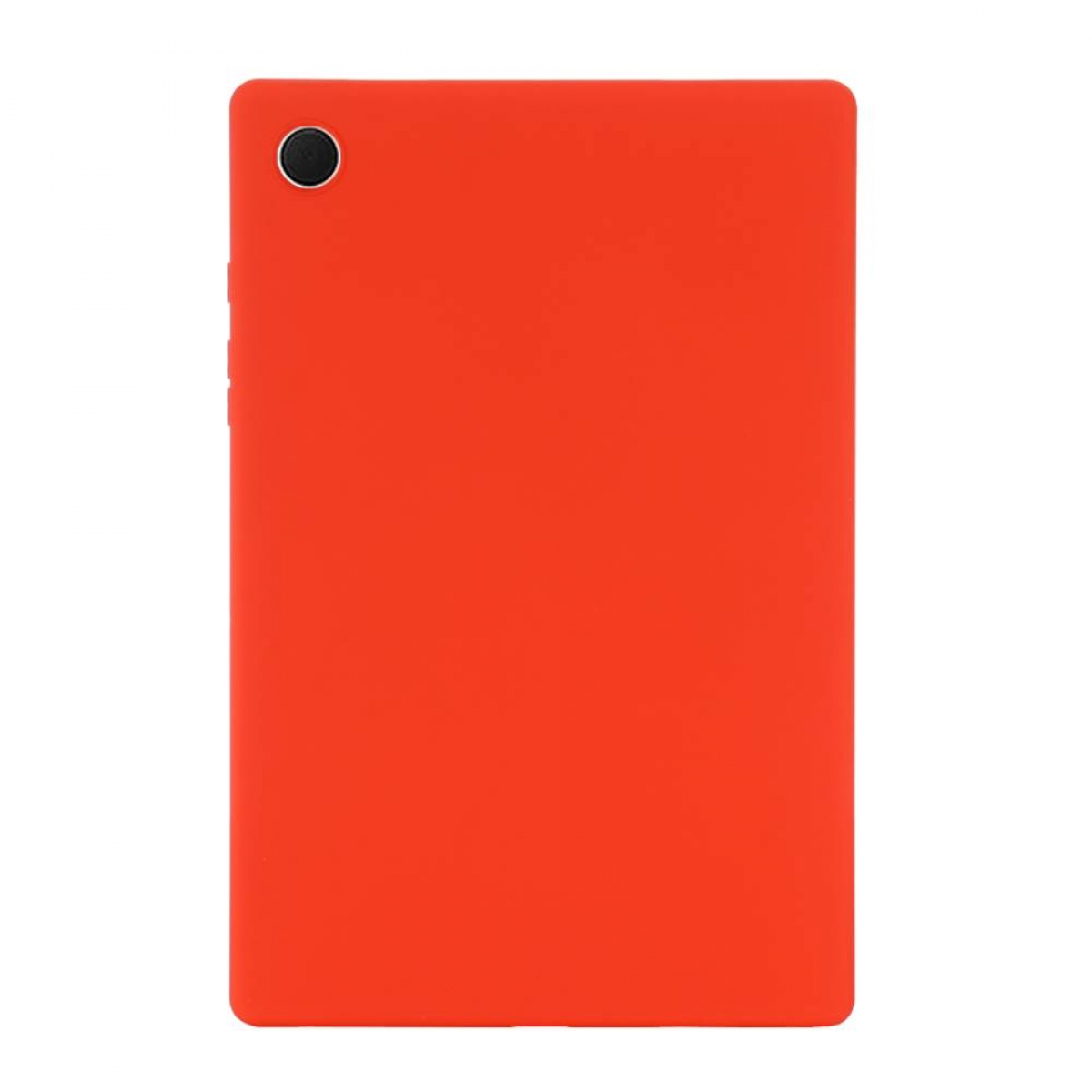 Ein rotes Tablet, die Rückseite wird gezeigt. Das Tablet hat eine Kamera und einen Ein-/Ausschalter.