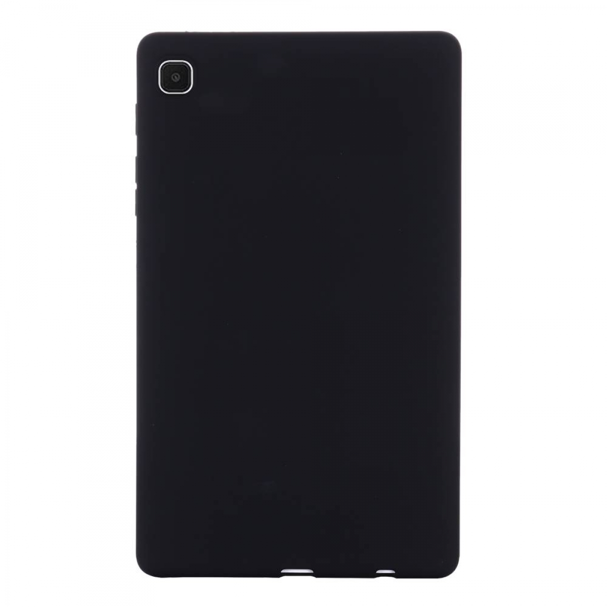 Ein schwarzes Tablet, Rückansicht, mit einem Kameraobjektiv in der oberen linken Ecke.