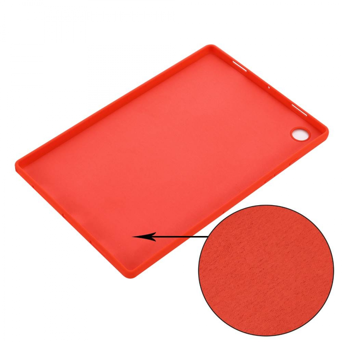 Rote Tablet-Rückseite. Eine vergrößerte Ansicht zeigt die Textur der Abdeckung.