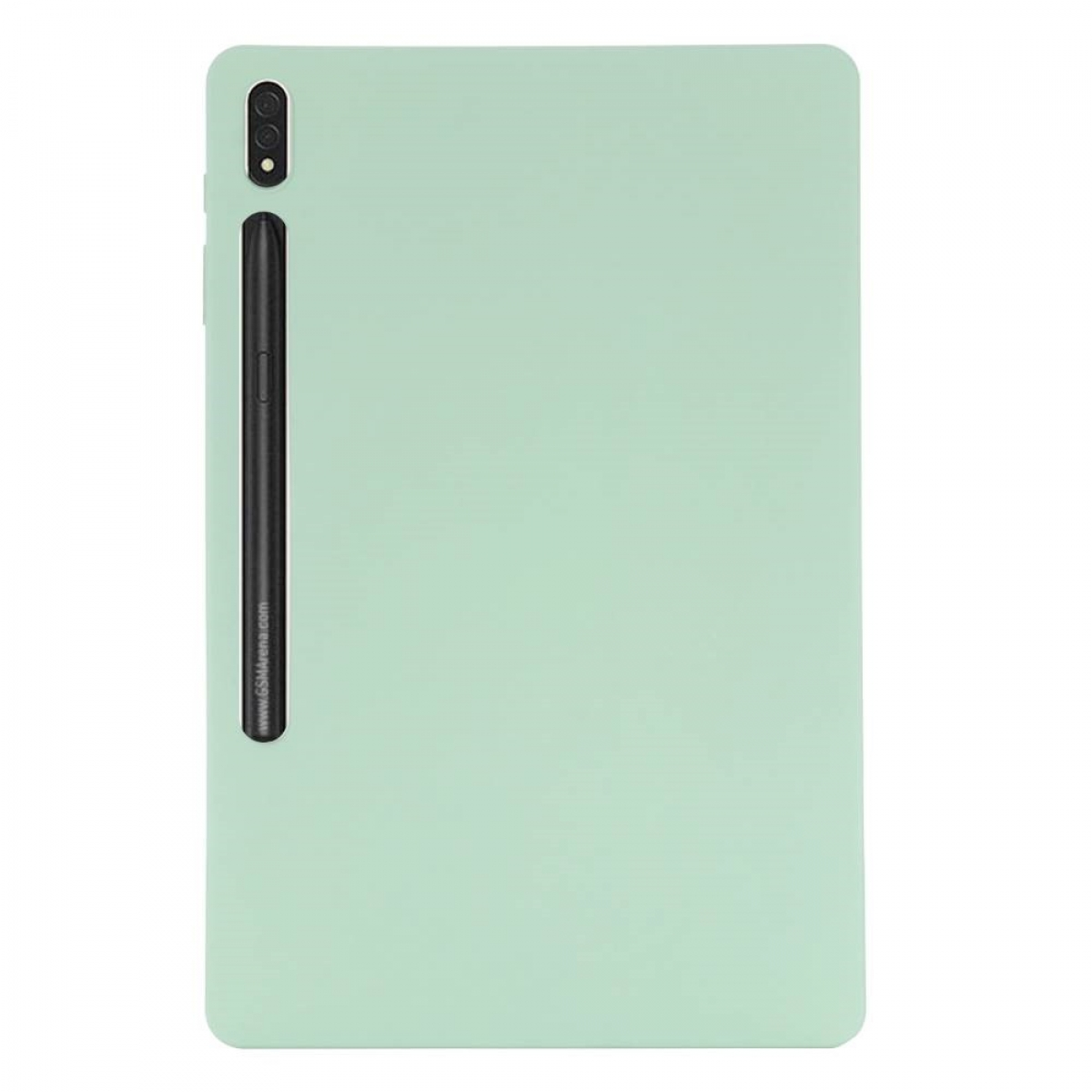 Minzgrünes Tablet mit schwarzem Stift, schwarzer Kamera und www.GSMArena.com Text, weiß.