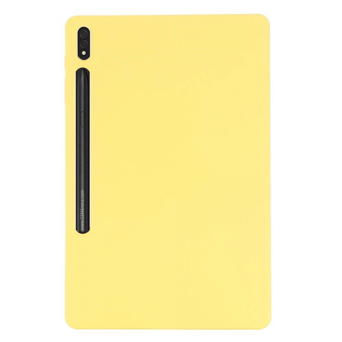 Gelbes Tablet mit schwarzem Stift an der Seite.
