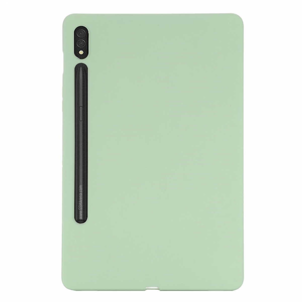 Eine hellgrüne Tablethülle mit Stift, auf weißem Hintergrund.