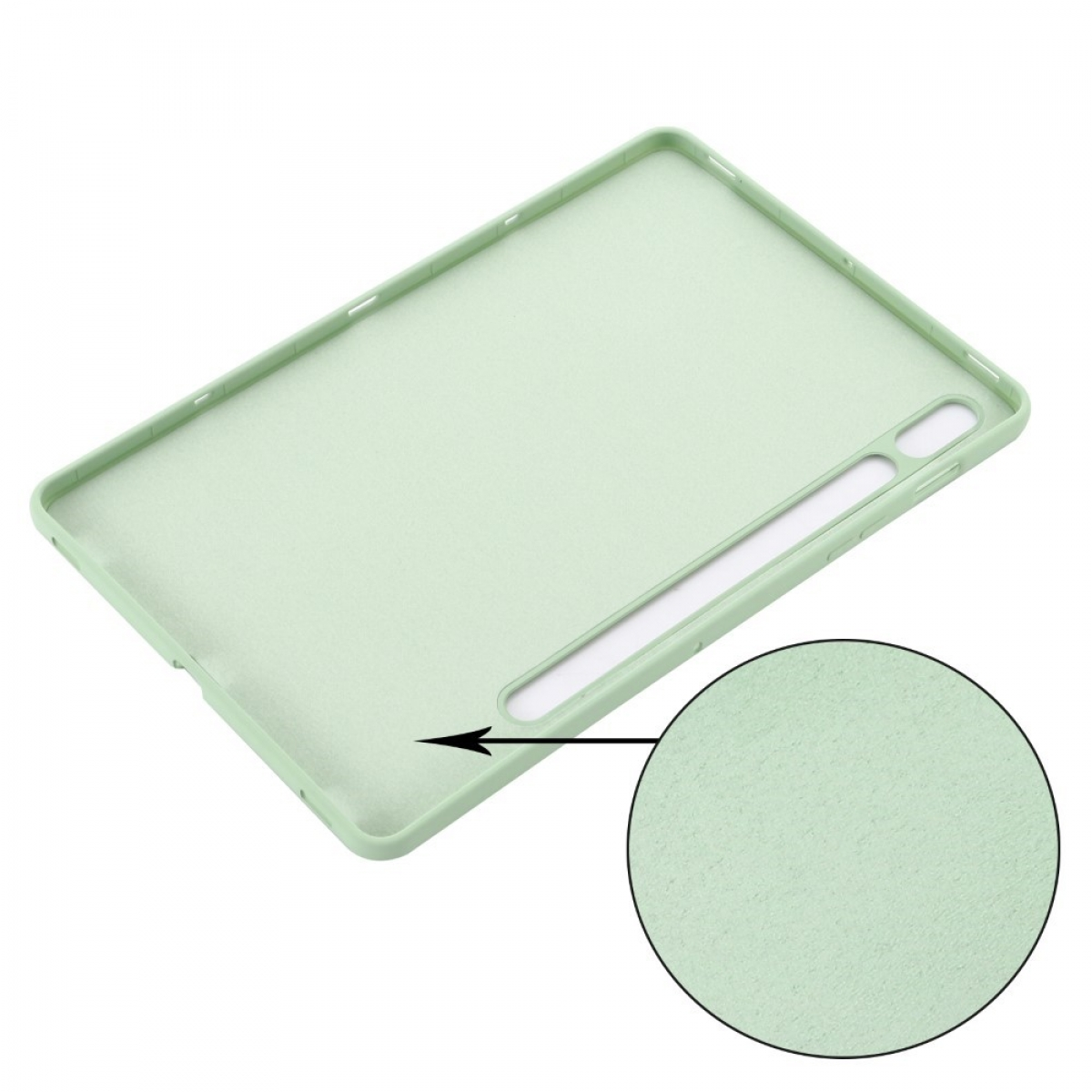 Eine hellgrüne Tablethülle mit Texturdetail. Sie ist rechteckig mit abgerundeten Ecken.