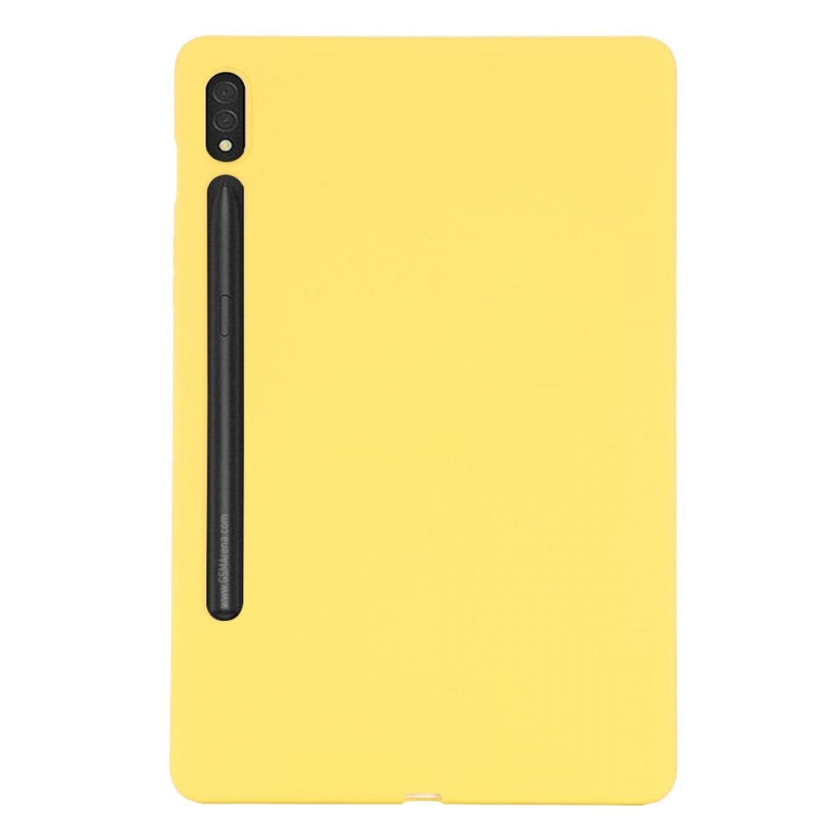 Gelbes Tablet mit schwarzem Stift und Dual-Kamera-Setup auf weißem Hintergrund.