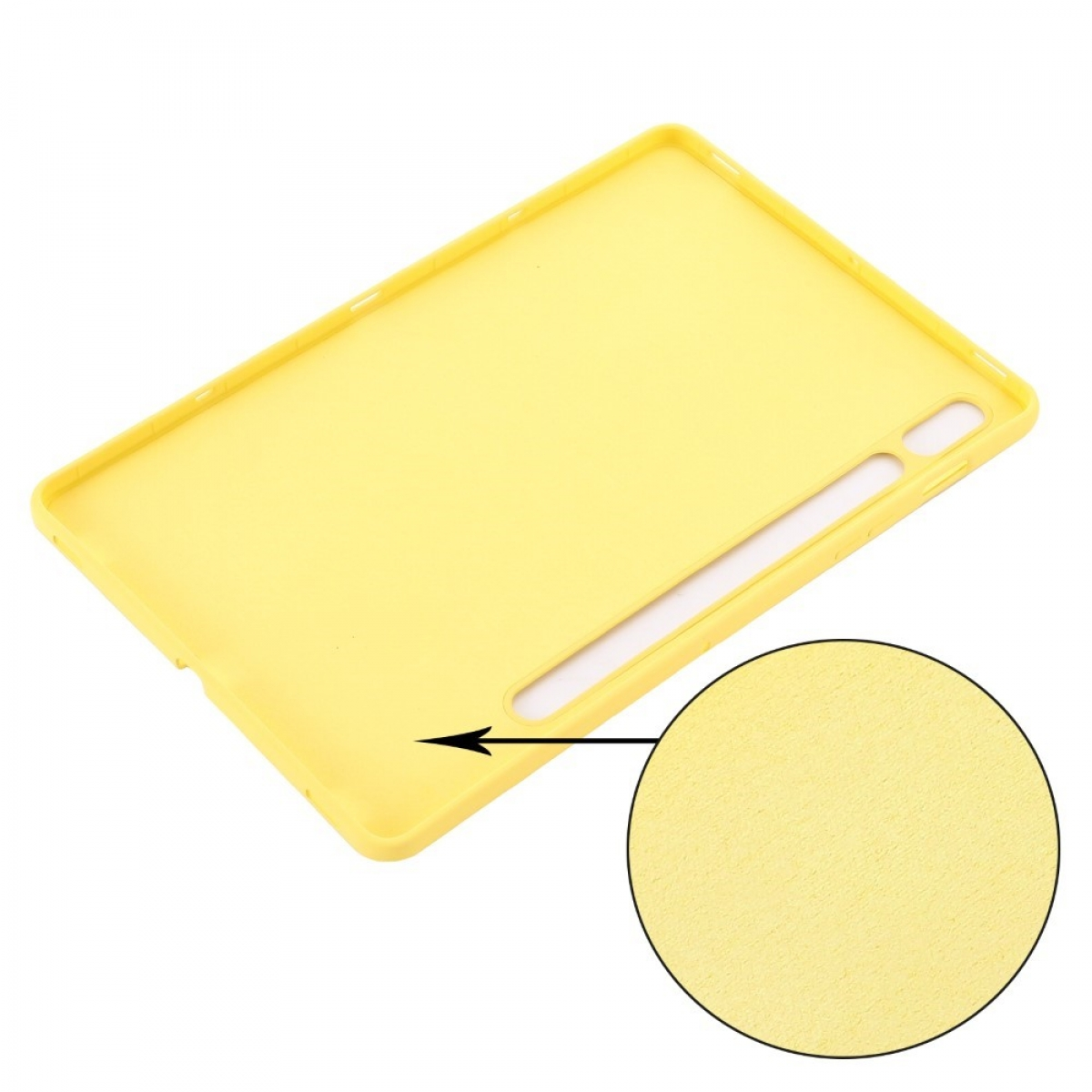 Gelbe Tablethülle mit Nahaufnahme der strukturierten Oberfläche.