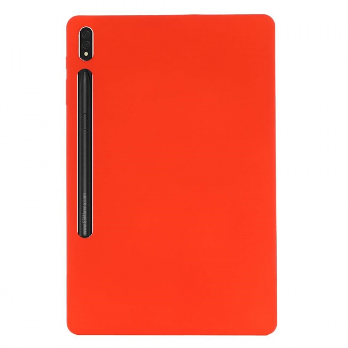 Oranges Tablet mit Stylus. Das Tablet hat ein schlankes Design.