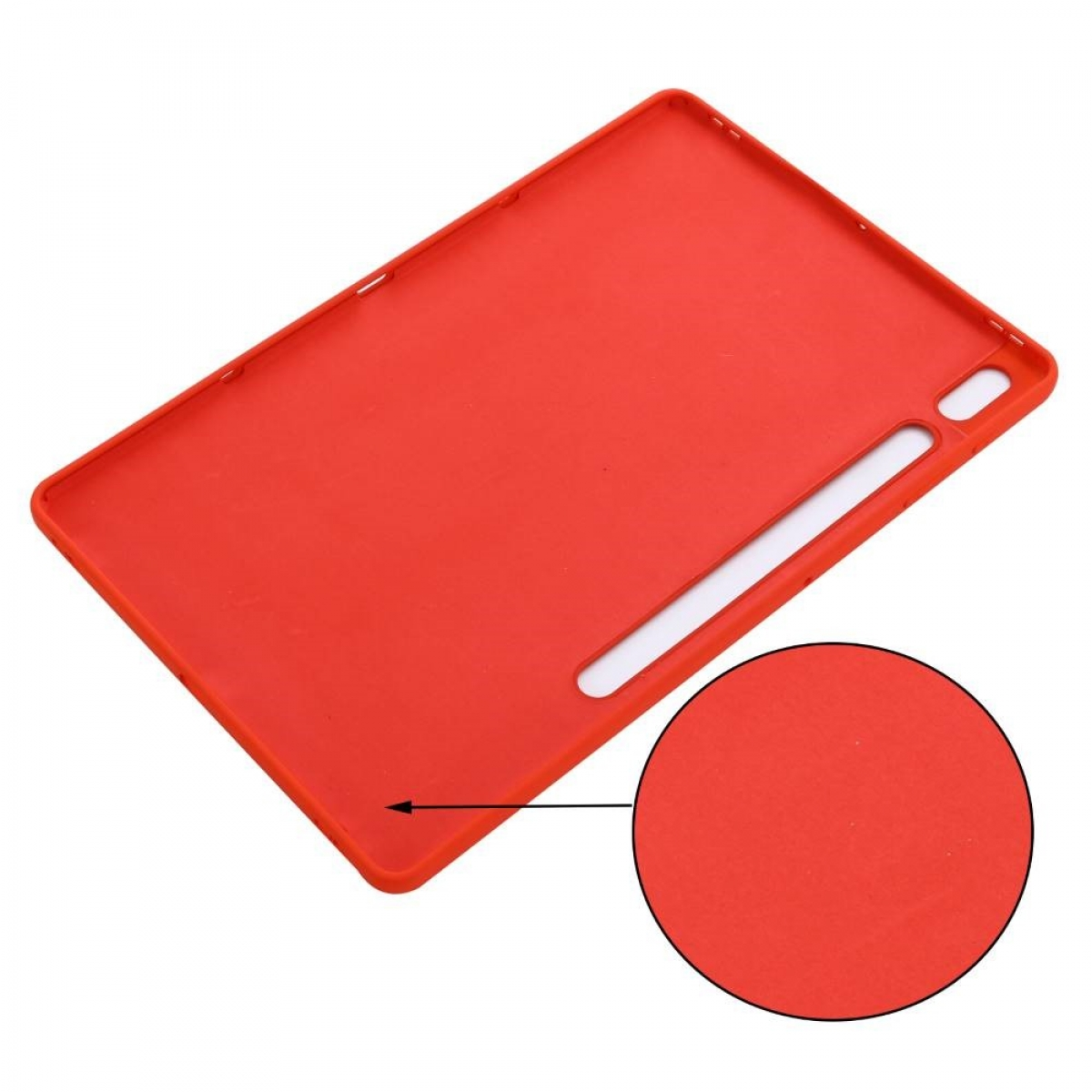 Rote Tablethülle mit weißem Ausschnitt für einen Stift und vergrößertes Texturdetail.