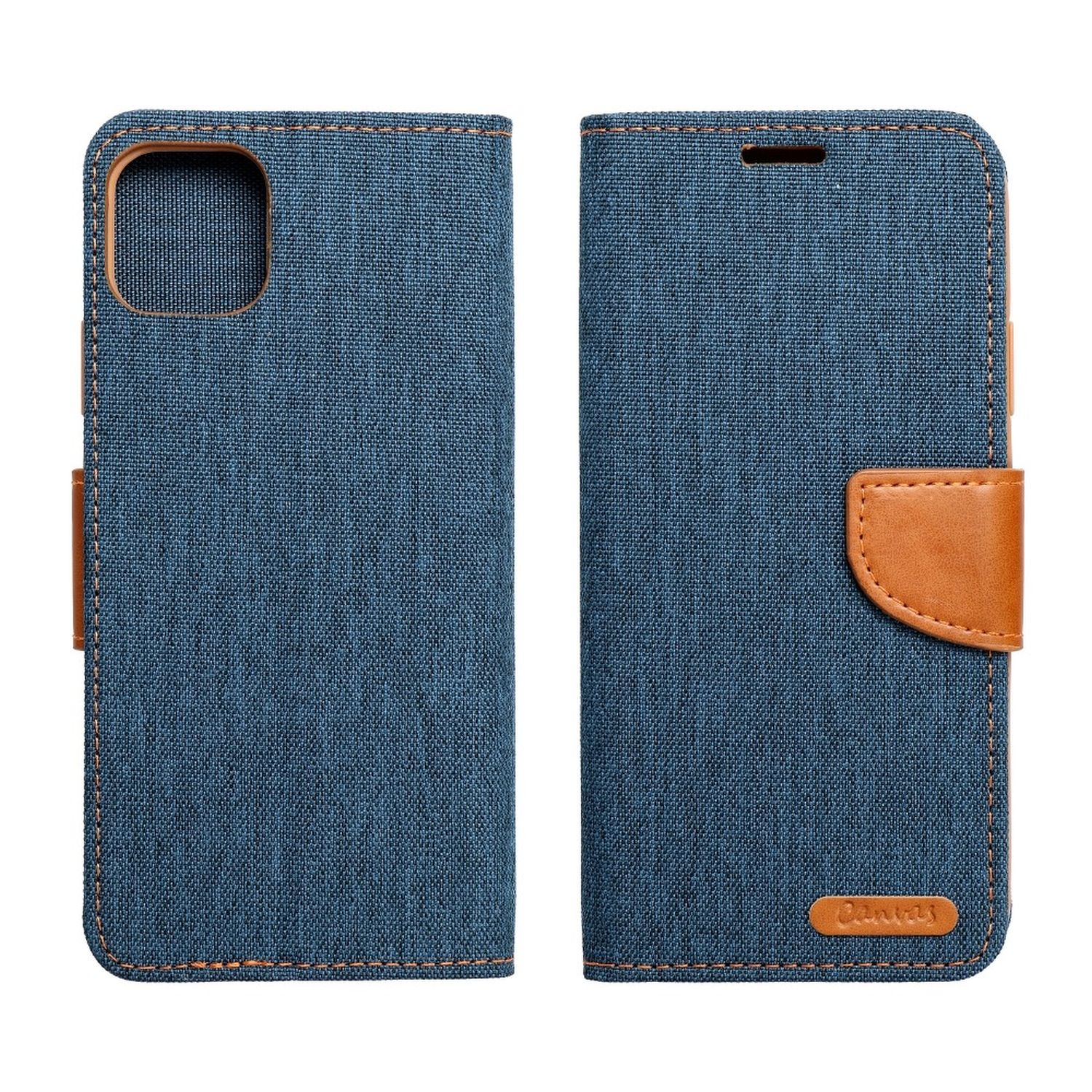 Eine blaue Handyhülle mit Canvas-Textur, geöffnet, um das Telefon zu zeigen. Mit braunem Verschluss.