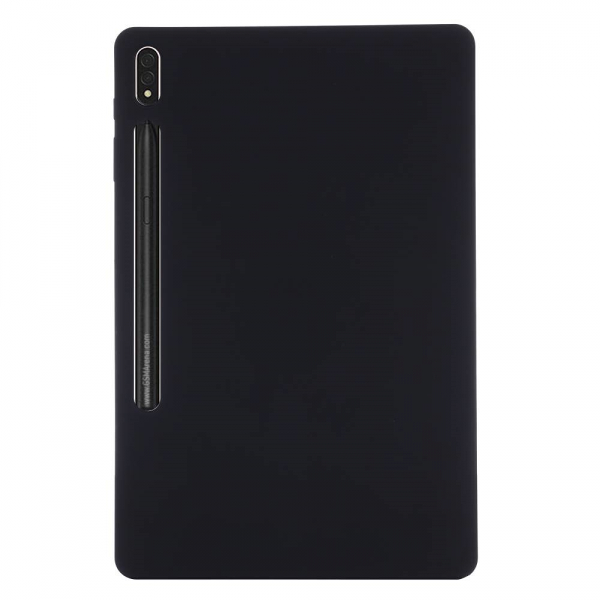 Ein schwarzes Tablet in einer Hülle mit Stift an der Seite. Die Websiteadresse ist aufgedruckt.