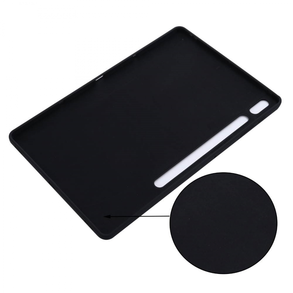 Schwarze Tablethülle mit kreisförmiger Nahaufnahme. Die Hülle ist schwarz und rechteckig.