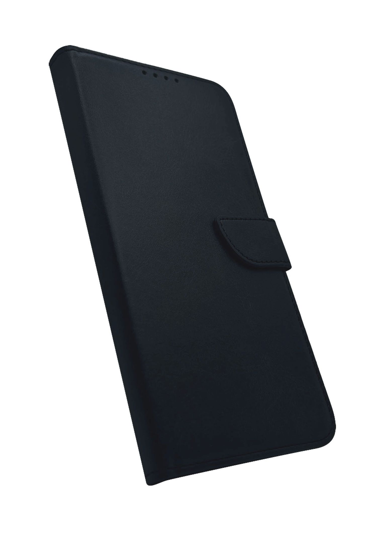 Custodia per telefono nera con patta. Ha una chiusura magnetica.