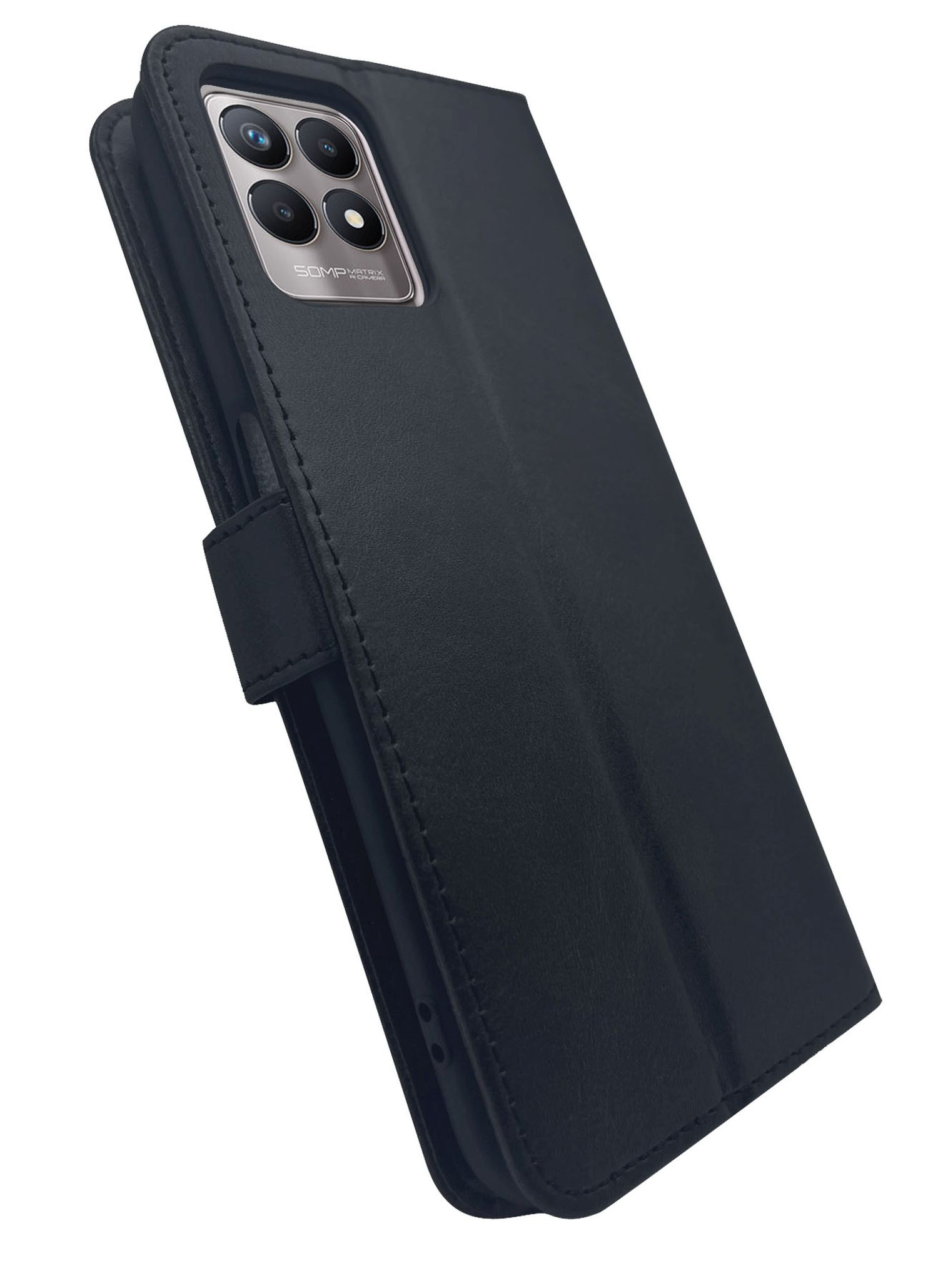 Una custodia per telefono in pelle nera è angolata, mostrando la fotocamera e un pulsante.