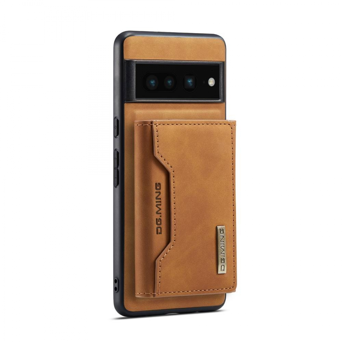 Ein Telefon in einer braunen Lederhülle mit Kartenhalter. Die Hülle ist auf weißem Hintergrund.